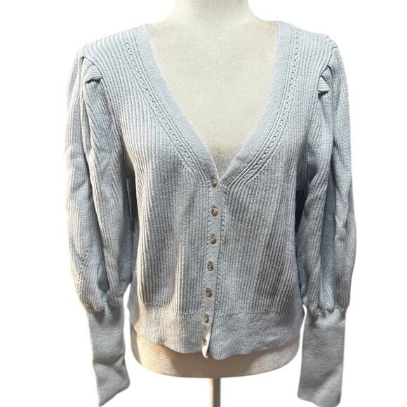 Abercrombie & Fitch Rib Knit Puff-Sleeve Cardigan Sweater Light Blue Women’s XL - Picture 1 of 5